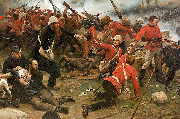 Surgeon Reynolds tends to the wounded while Acting Assistant Commissary Dalton distributes ammunition during the defence of Rorke's Drift 